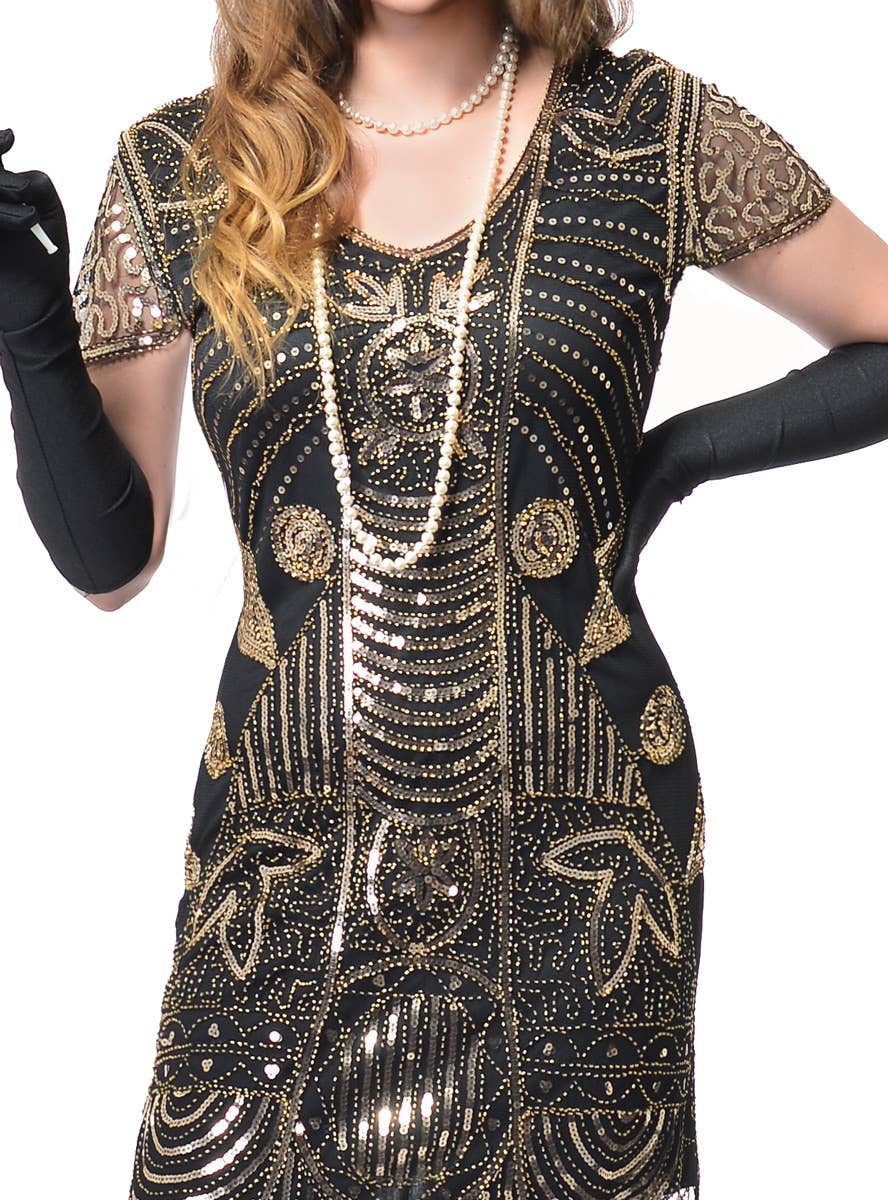 Plus Size Black and Gold Deluxe Gatsby Costume for Women - Close Front Image