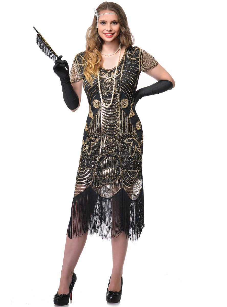 Plus Size Black and Gold Deluxe Gatsby Costume for Women - Front Image