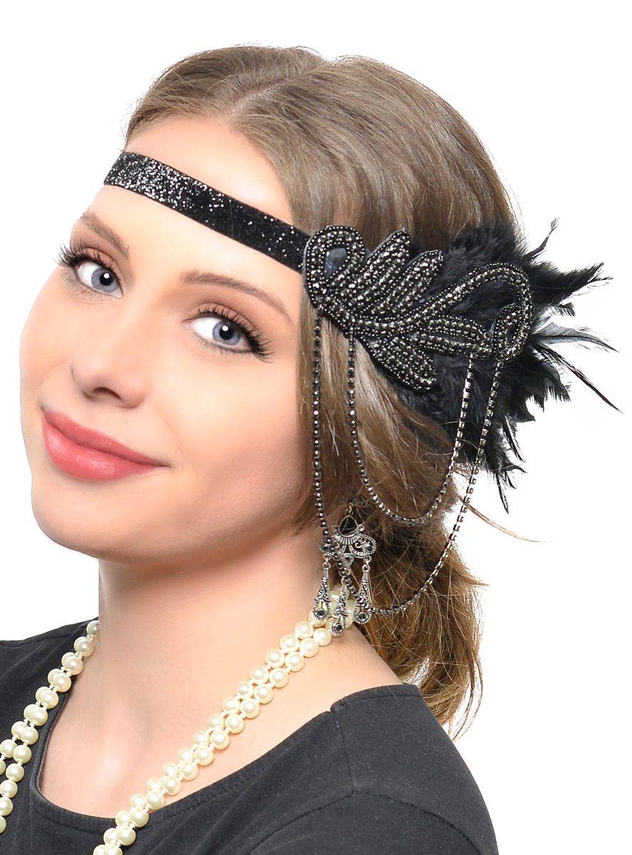 5 Piece Black Feather with Chain Headband, Cigarette Holder, Earrings, Gloves and Beads Flapper Set - Alternative Image 2