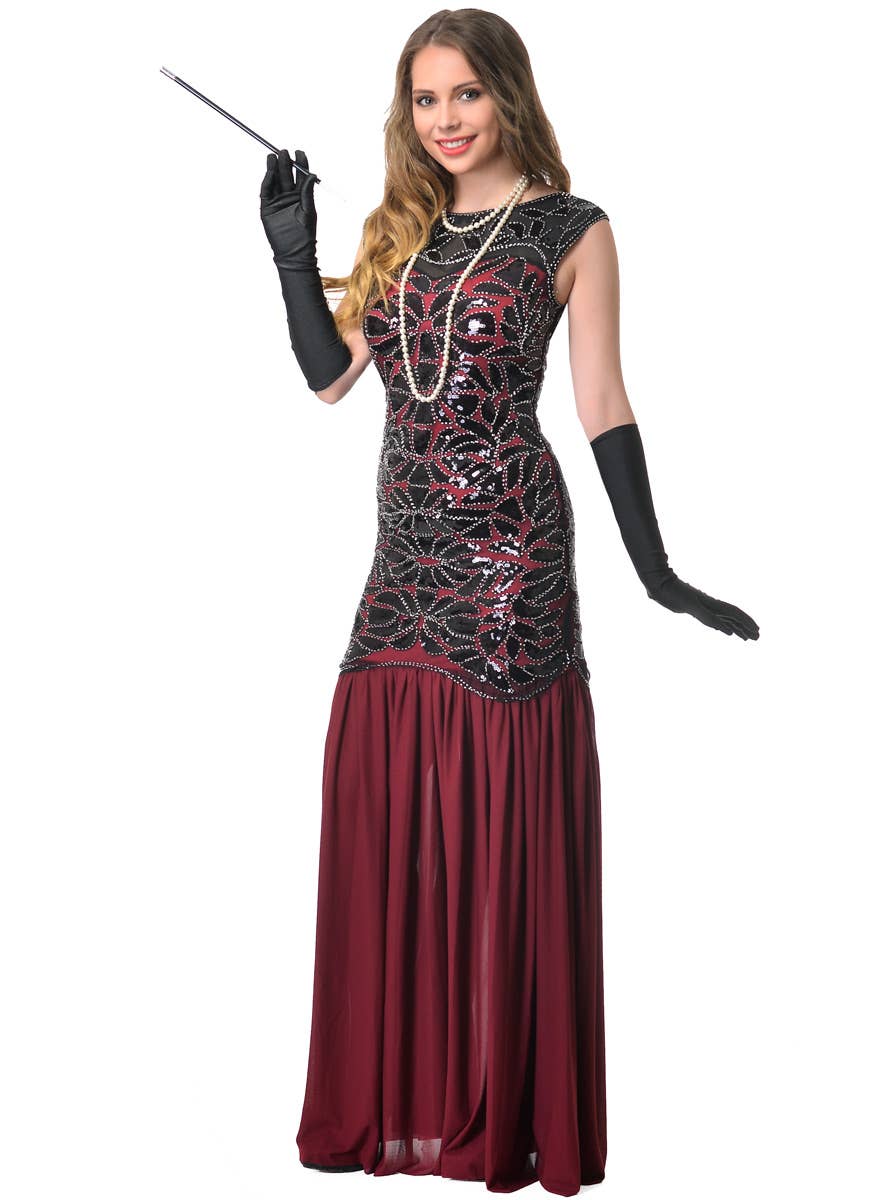 Maroon Black and Silver Deluxe Womens Beaded 1930s Hollywood Glam Costume - Main Image 