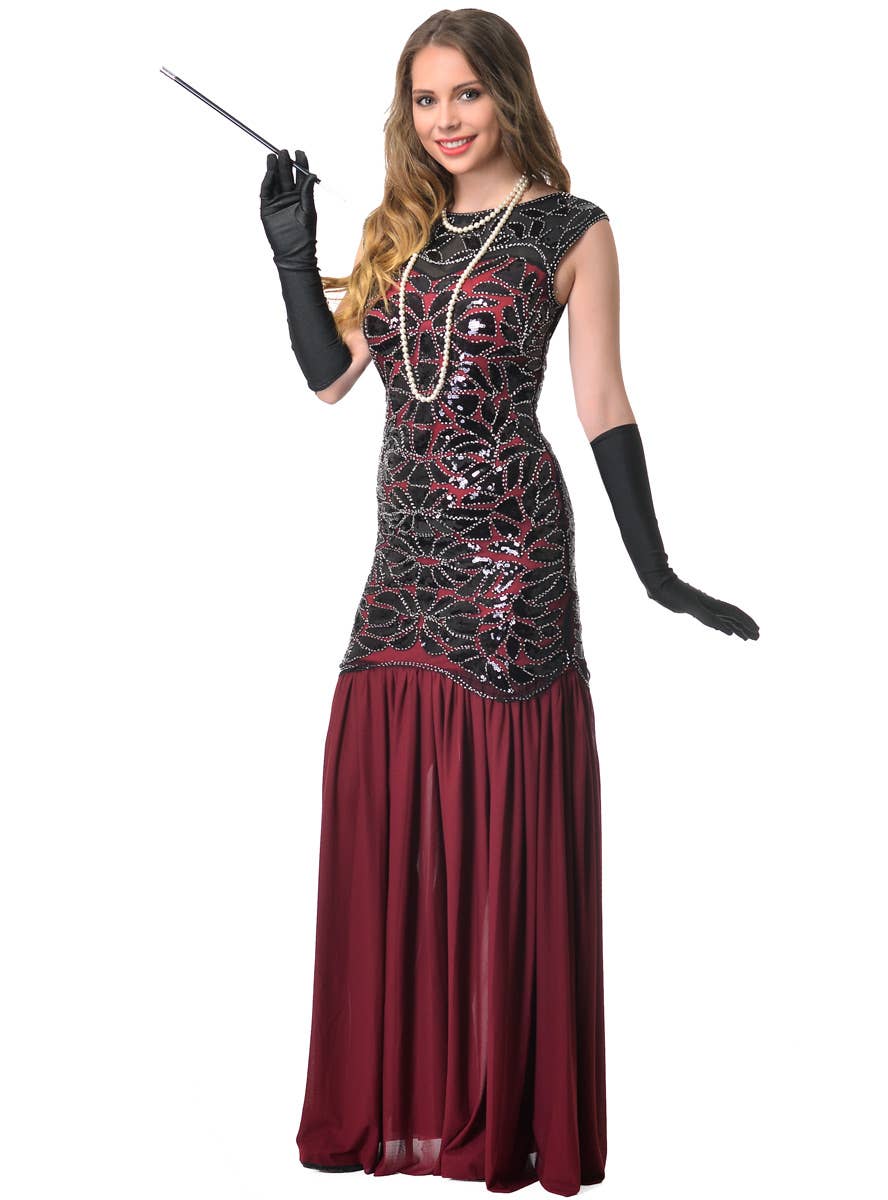 Maroon Black and Silver Deluxe Womens Beaded 1930s Hollywood Glam Costume - Alt Image 