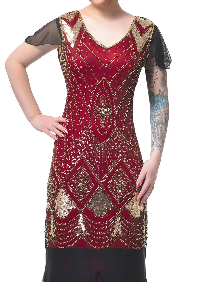 Deluxe Women's Maroon, Gold and Black Elegant 1920's and 30s Movie Star Gown Costume - Close Image