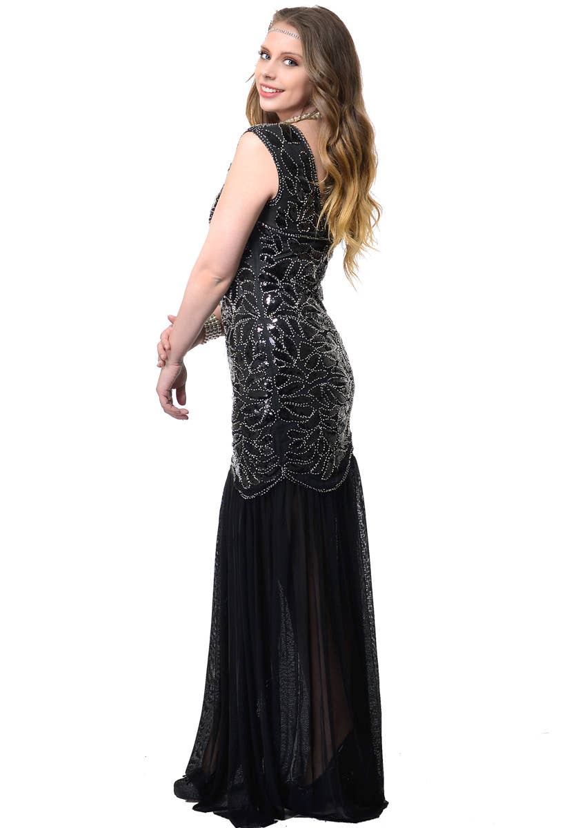 Long Black Deluxe 1920s Hollywood Gatsby Dress Costume for Women - Back Image