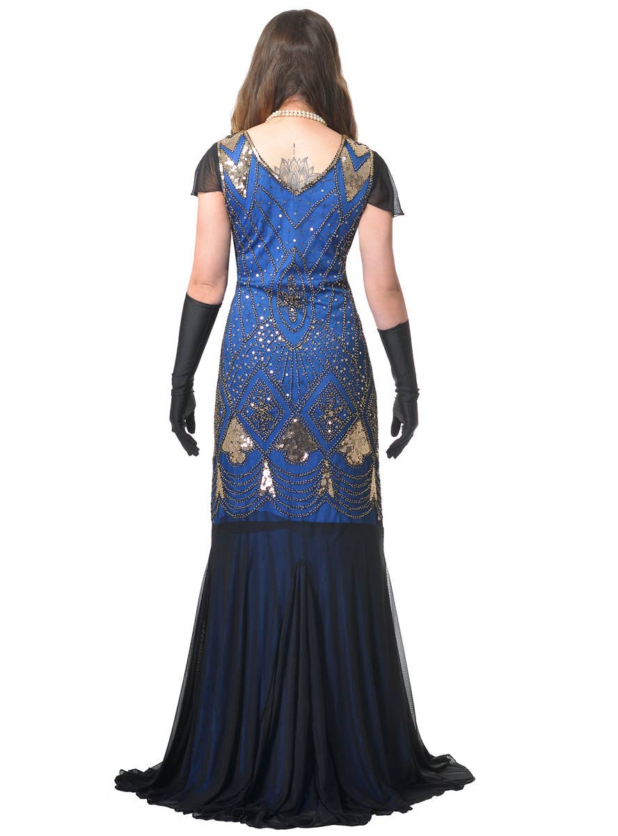 Blue Gold and Black Deluxe 1930s Hollywood Movie Star Long Beaded Vintage Dress - Back Image 