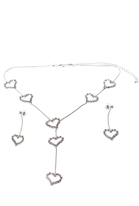 Silver Rhinestone Dangling Hearts Costume Jewellery Set