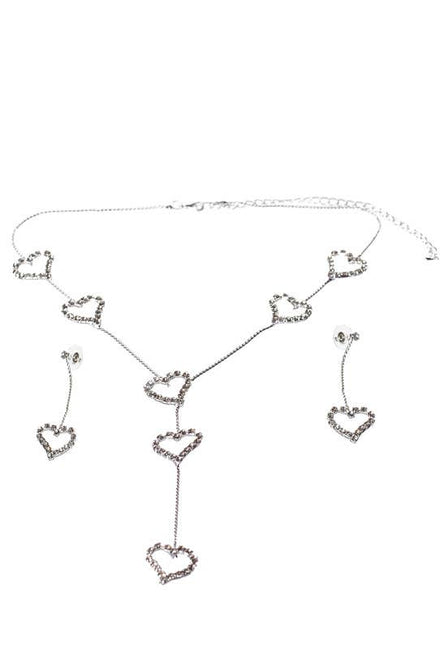 Silver Rhinestone Dangling Hearts Costume Jewellery Set