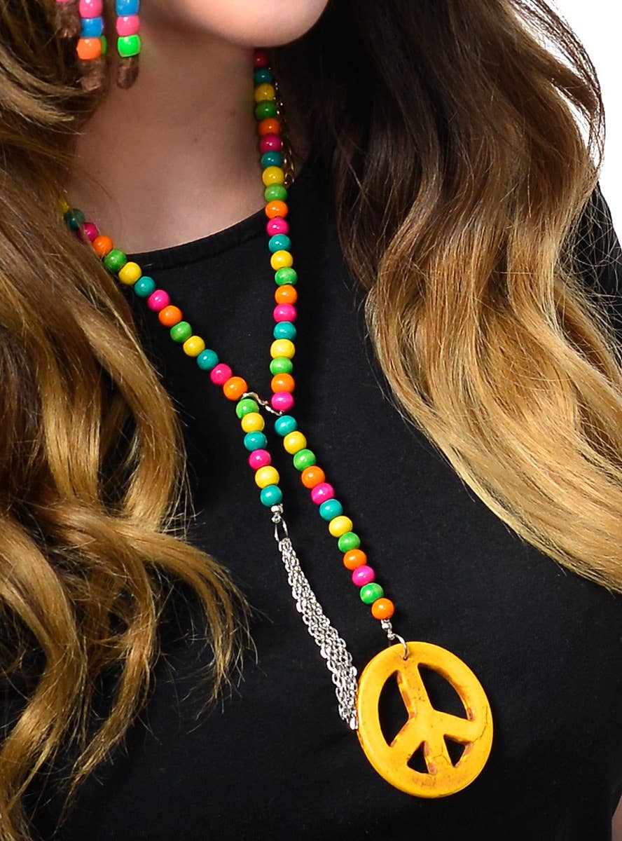 60's Hippie Beaded Costume Necklace with Rustic Yellow Peace Sign - Zoom Image