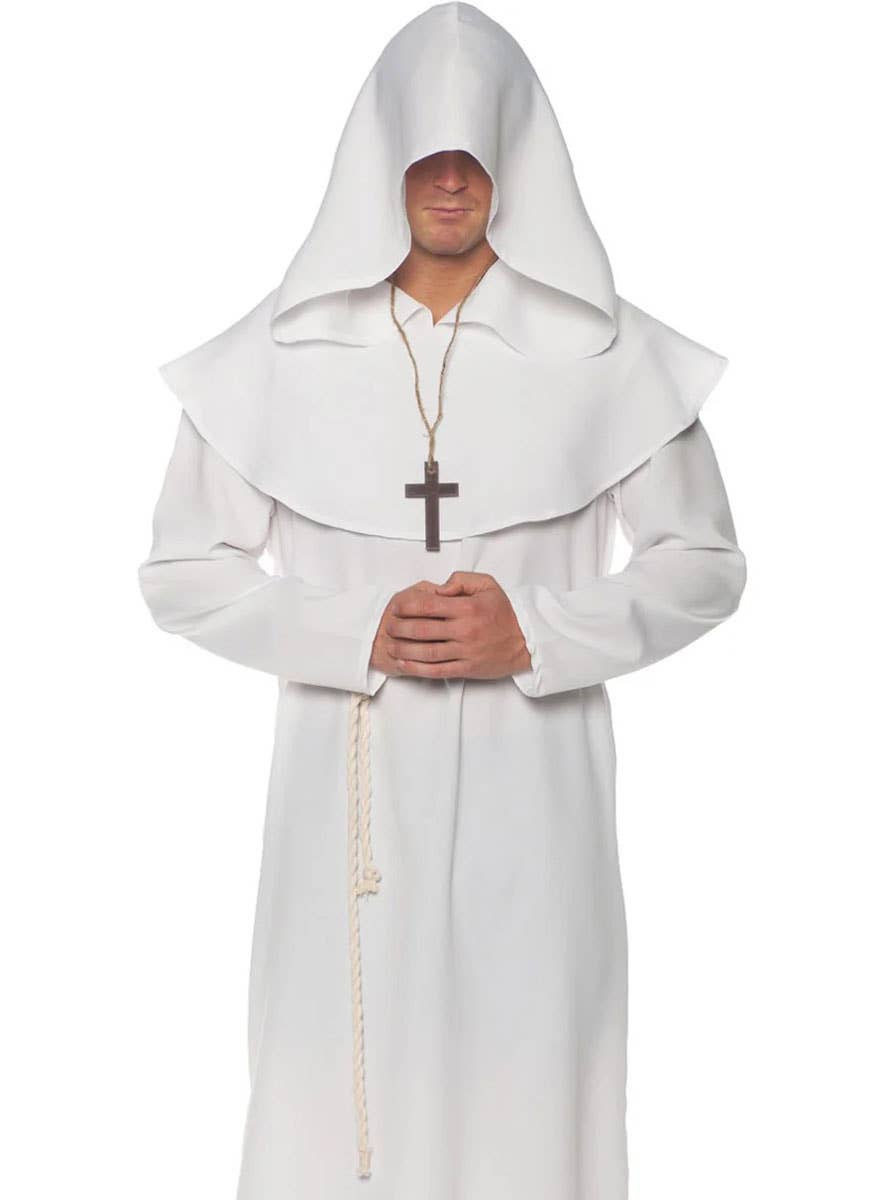 Image of Hooded White Monk Plus Size Men's Costume Robe - Close Image