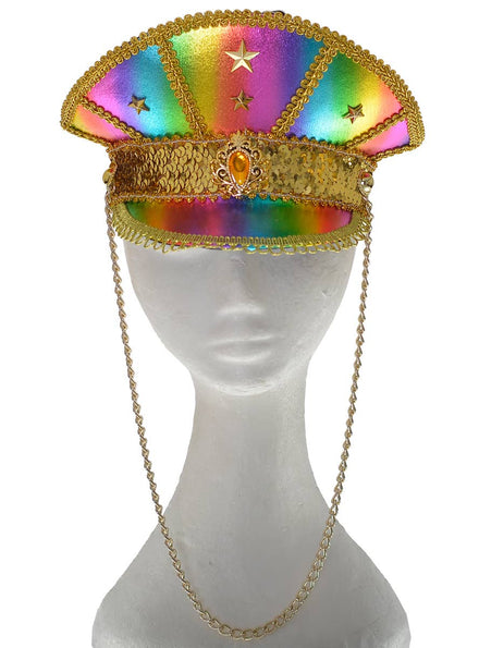 Rainbow and Gold Embellished Festival Cap with Chain - Alternative Image