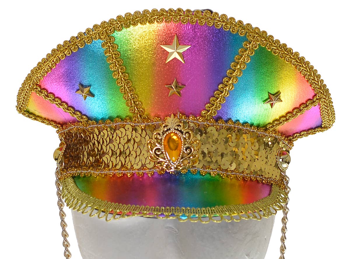 Rainbow and Gold Embellished Festival Cap with Chain - Close Image