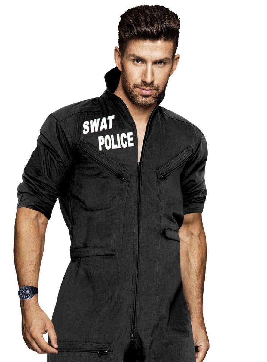 Black SWAT Uniform Dress Up Costume for Men Close Up Image