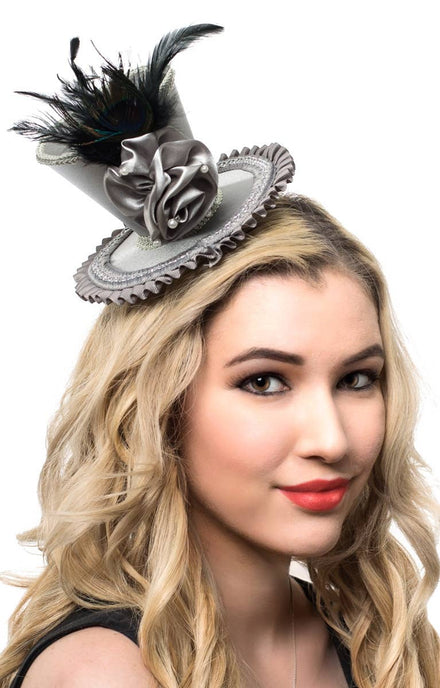 Silver Satin Rosette Mini Top Hat with Peacock Feather View 1