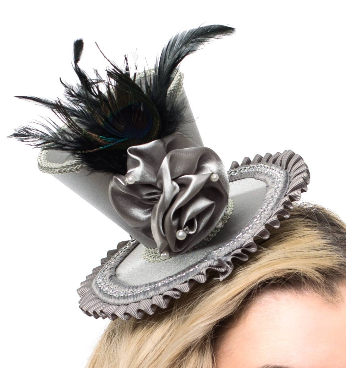 Silver Satin Rosette Mini Top Hat with Peacock Feather View 2