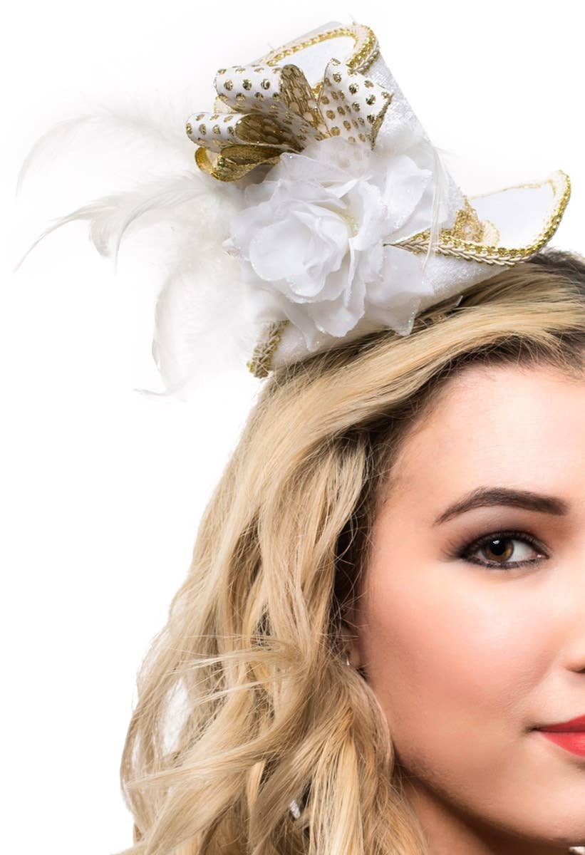 White and Gold Velvet Mini Top Hat with Feathers View 2