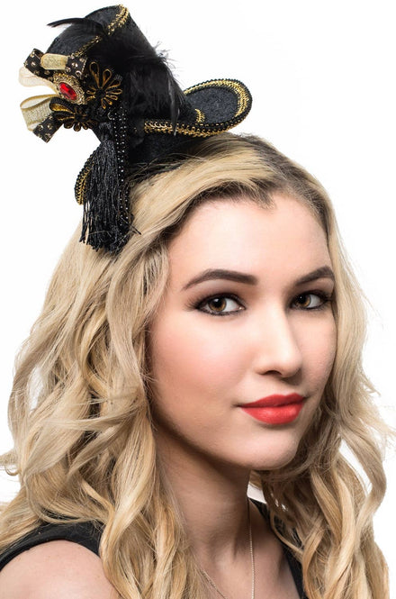 Black and Gold Velvet Mini Top Hat with Feathers