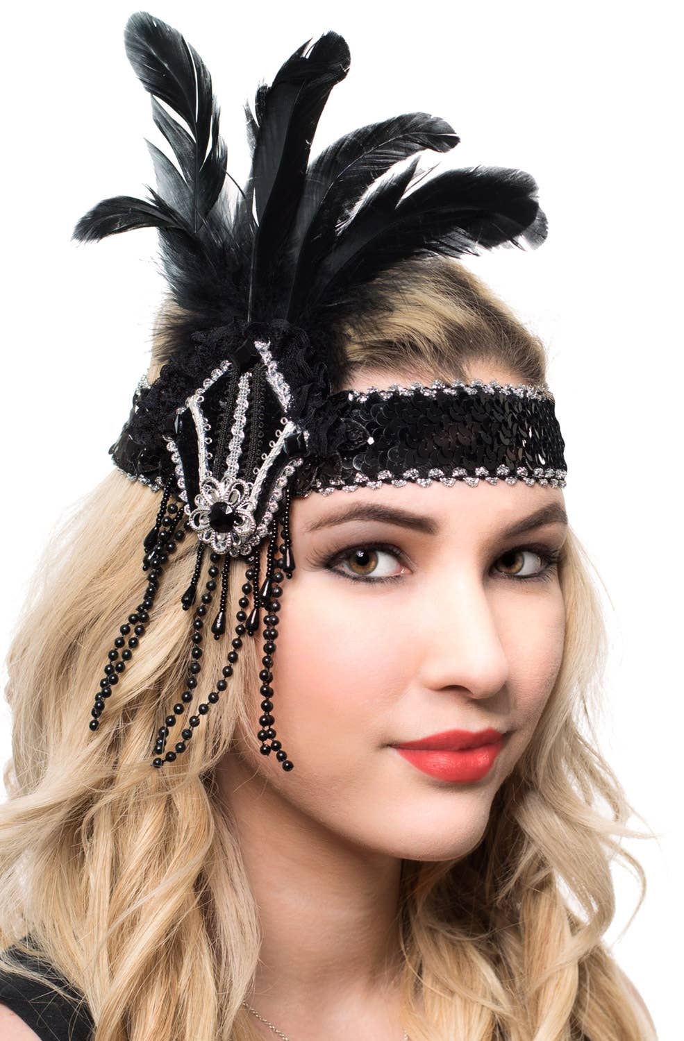 Black and Silver Sequins and Feathers Flapper Headband - Main Image