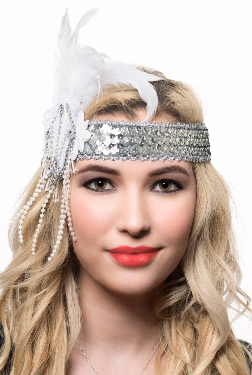 Silver and White Sequins and Feathers Flapper Headband - Main Image