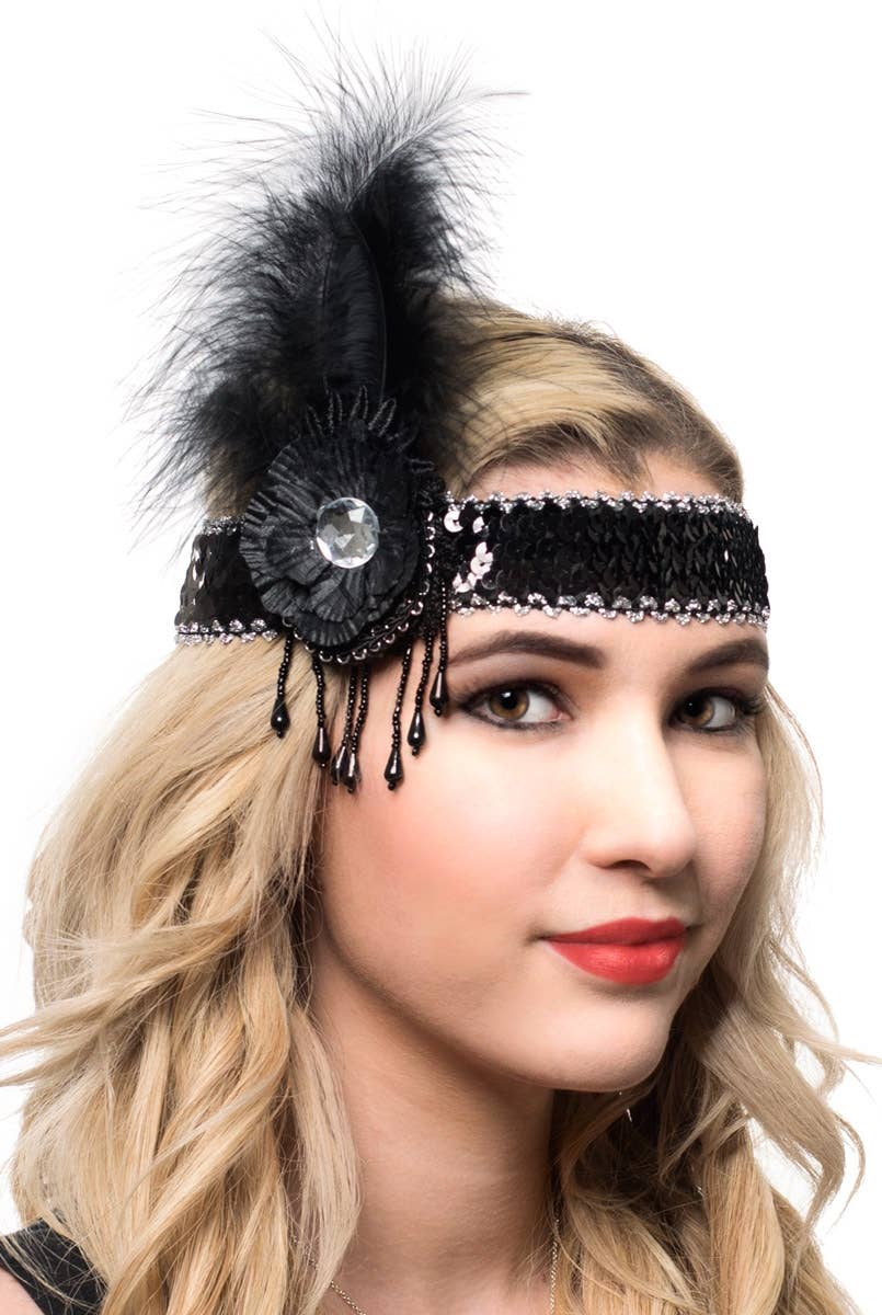 Black and Silver Feather Headband with Sequins and Beads - Main Image