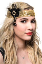 Black and Gold Sequined 1920's Flapper Headband Costume Accessory - Main Image