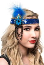 Blue and Gold Flapper Headband with Sequins and Beads - Main Image