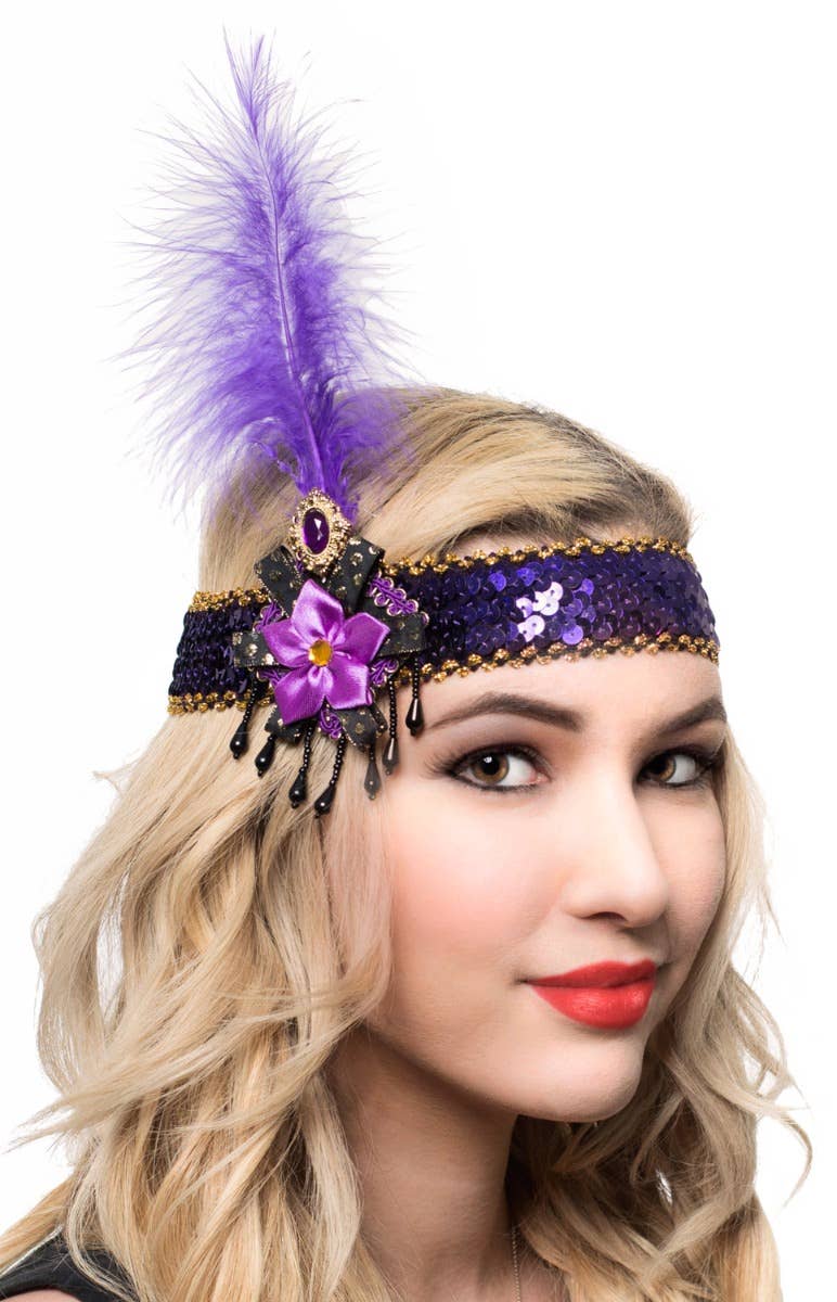 Purple Sequin Feather and Beads Flapper Headband - Alternate Image