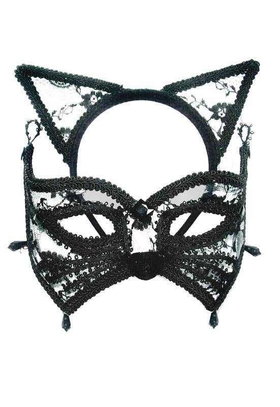Sheer Black Lace Cat Masquerade Mask with Ears