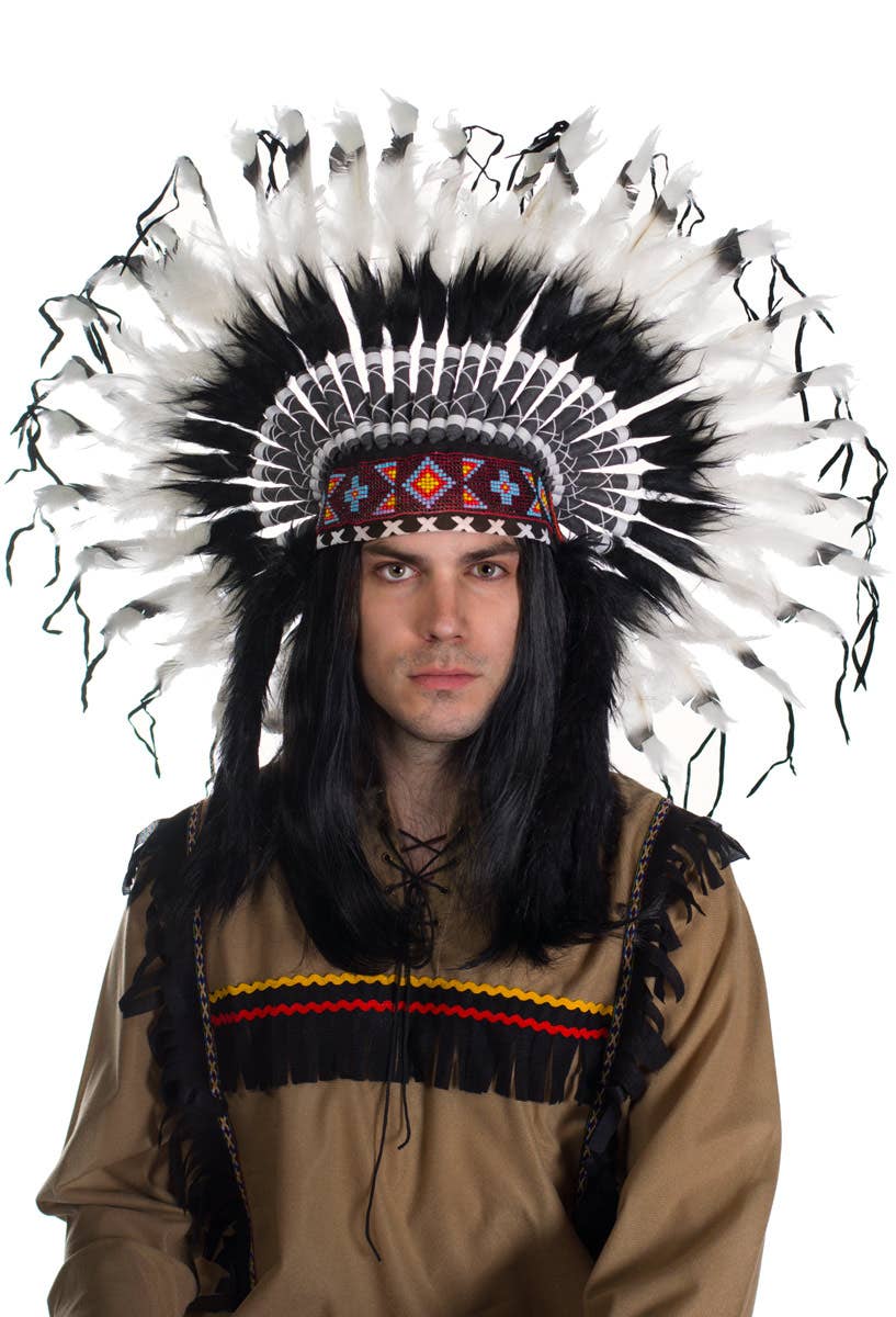 Deluxe Authentic Black and White American Indian Feather Headdress Alternate
