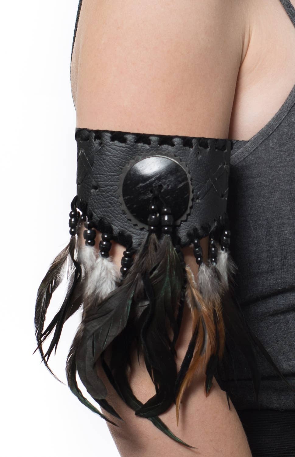 Leather Look Deluxe Native American Indian Black Arm Cuff with Feathers - Main Image