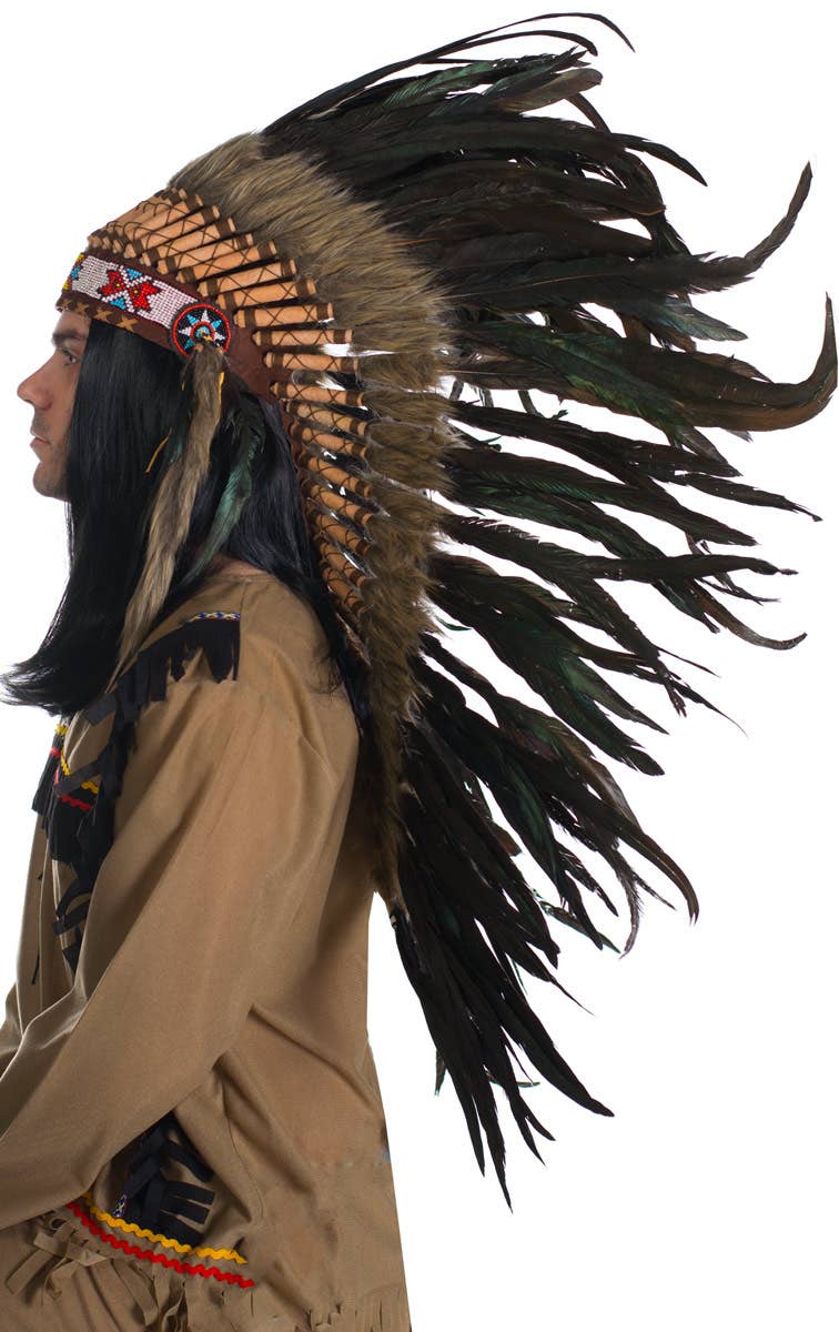 Brown and Black Deluxe Indian Chief Feather Headdress Front View