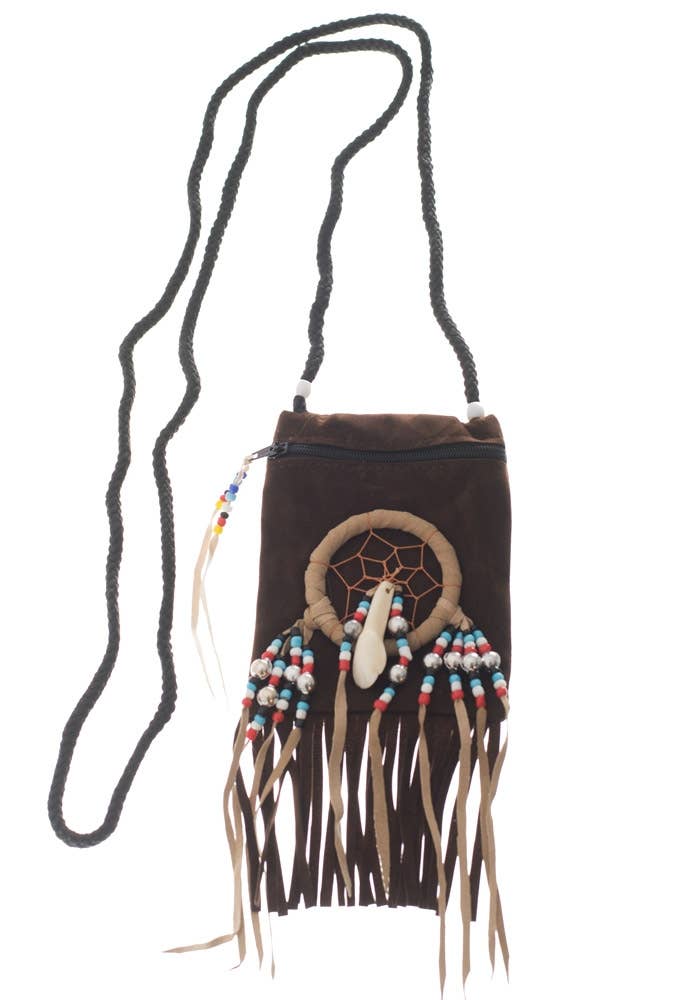 Brown Suede Native Indian Costume Accessory Pouch - Main Image
