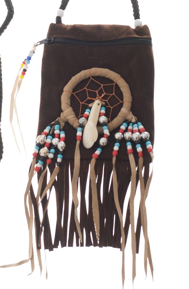 Brown Suede Native Indian Costume Accessory Pouch - Close Image