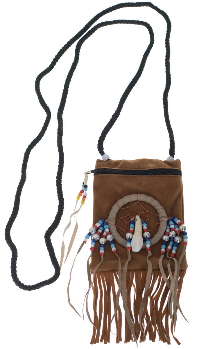 Dark Tan Suede Native Indian Costume Accessory Pouch - Main Image