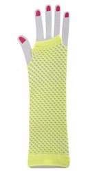 1980s Fashion Fluro Yellow Long Fishnet Gloves - Main Image