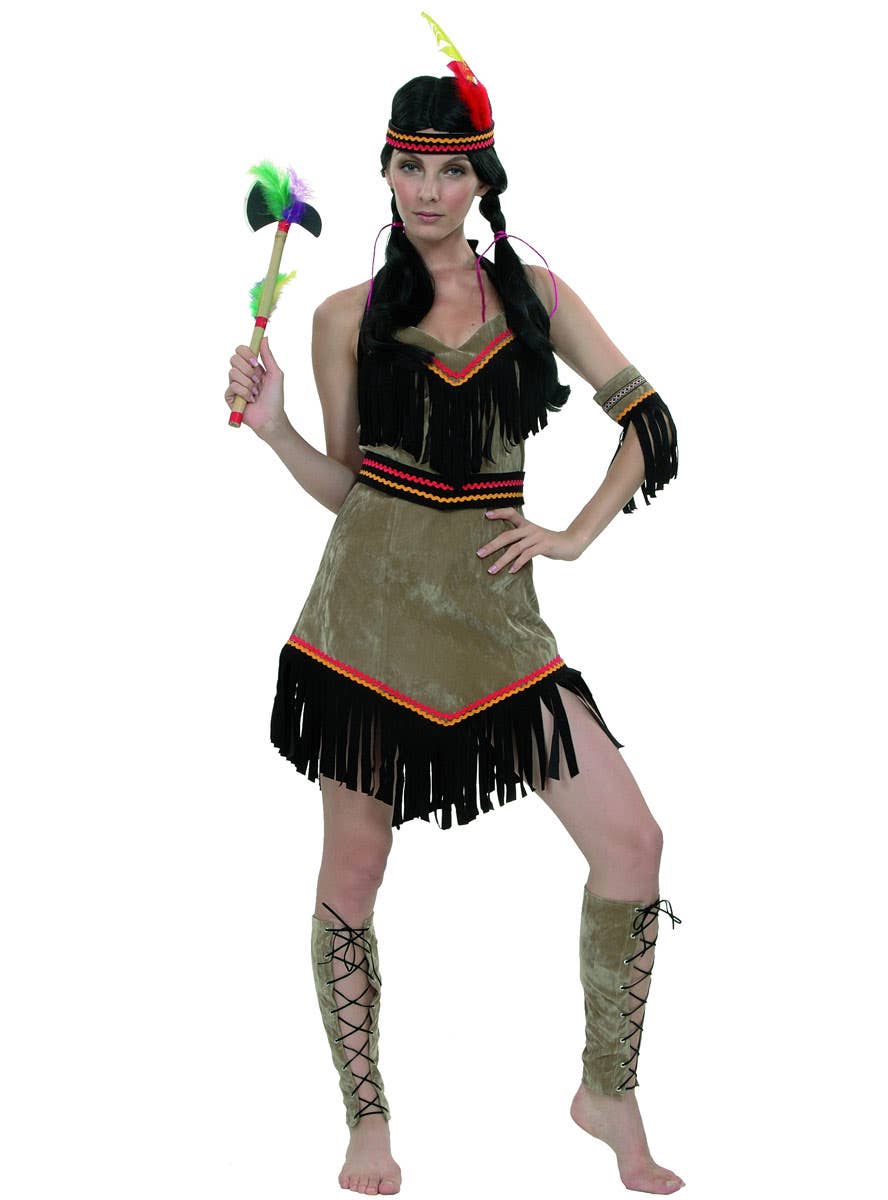 Tan Native Indian Womens Costume with Black Fringing Main Image