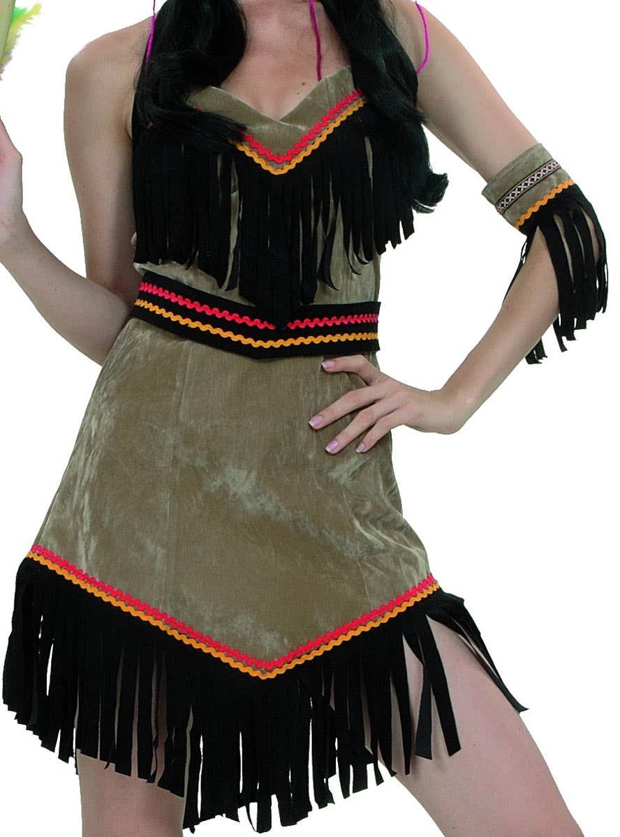 Tan Native Indian Womens Costume with Black Fringing Close Up Image