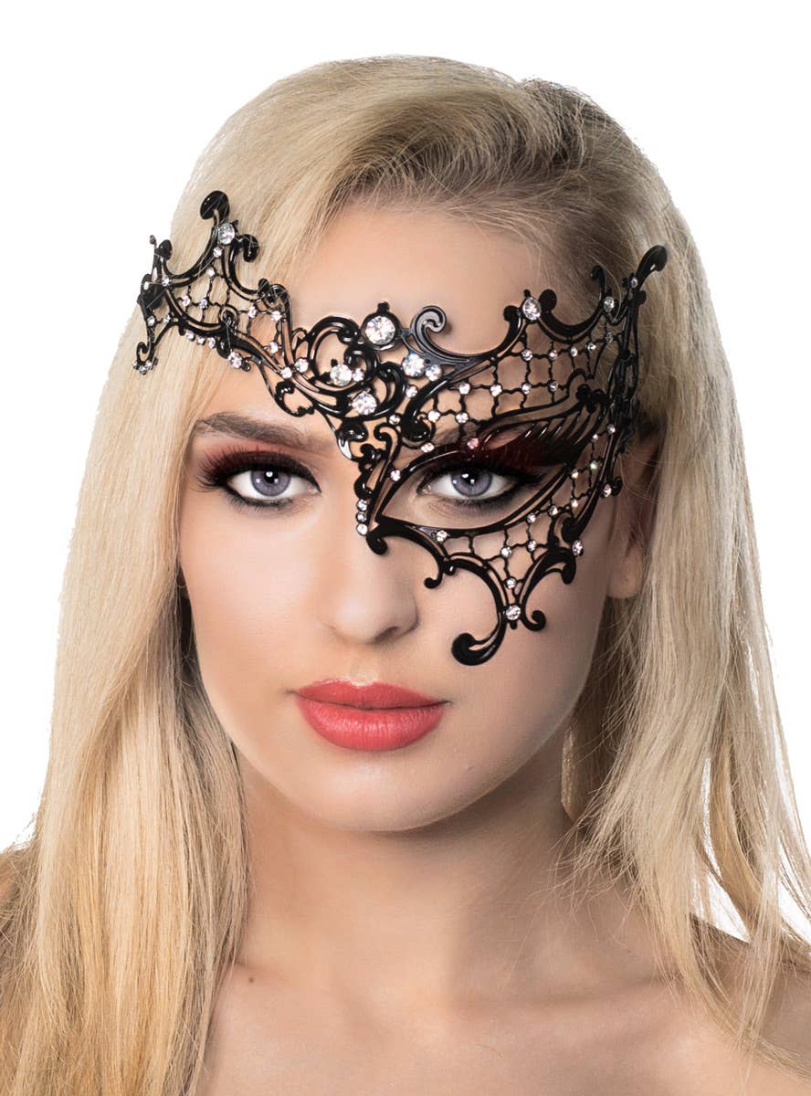 Deluxe Black Over Eye Metal Masquerade Mask