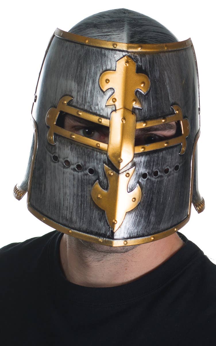 Medieval Knight Costume Helmet in Silver and Gold Main View