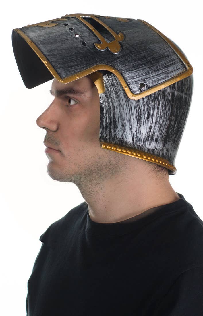 Medieval Knight Costume Helmet in Silver and Gold Side View