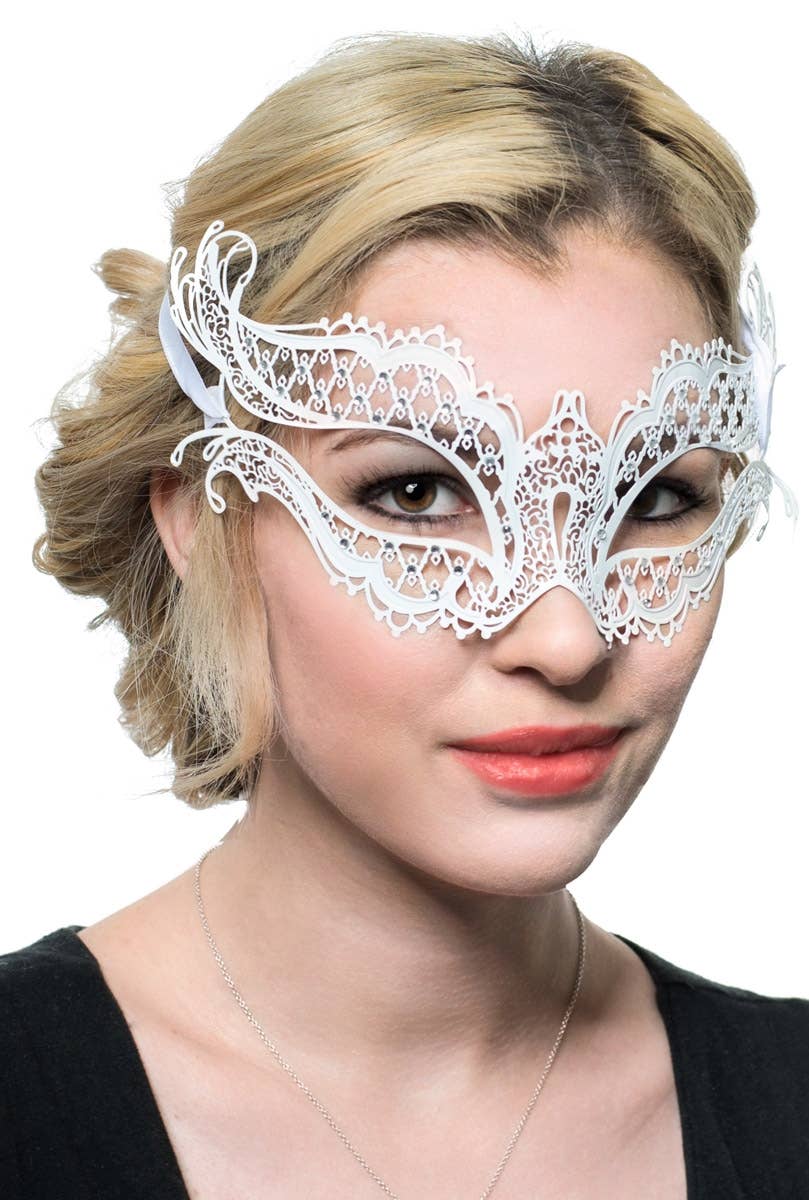 White Metal Lace Women's Satin Tie Up Masquerade Mask - Alternate Image