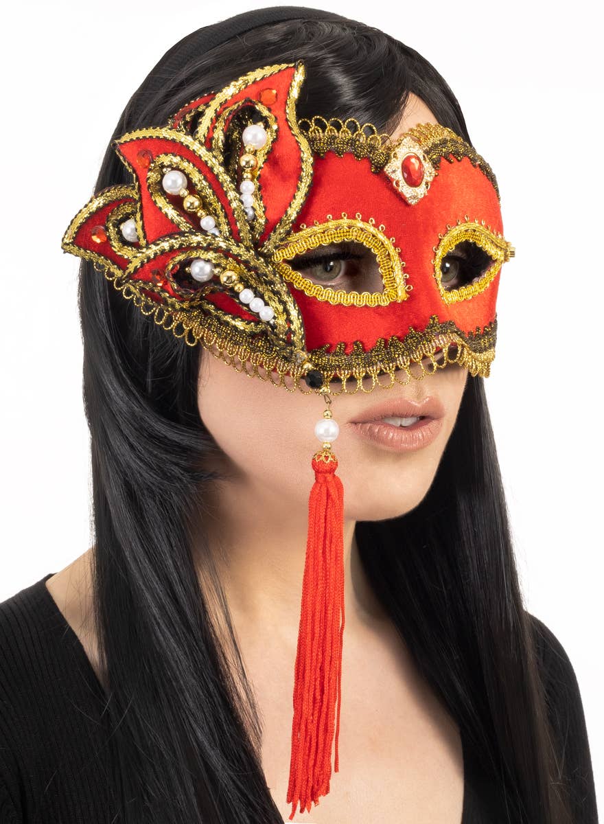 Deluxe Red Velvet Pearl and Ruby Women's Masquerade Mask - Side Image
