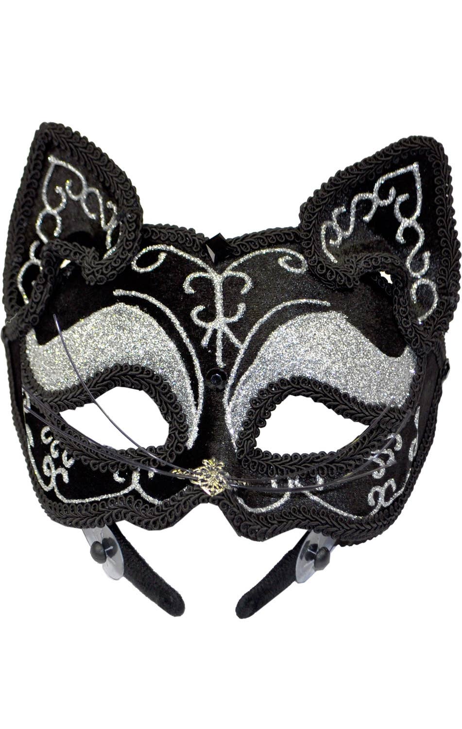 Silver And Black Cat Face Women's Masquerade Mask on Headband