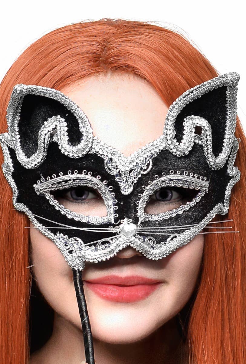 Cat Face Black and Silver Masquerade Mask on a Stick - Alternative Image 