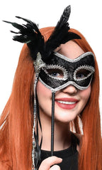 Feathered Black and Silver Hand Held Masquerade Mask - Main Image