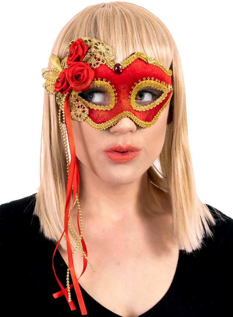 Red and Gold Velvet Masquerade Mask with Rosettes - Alternate Image