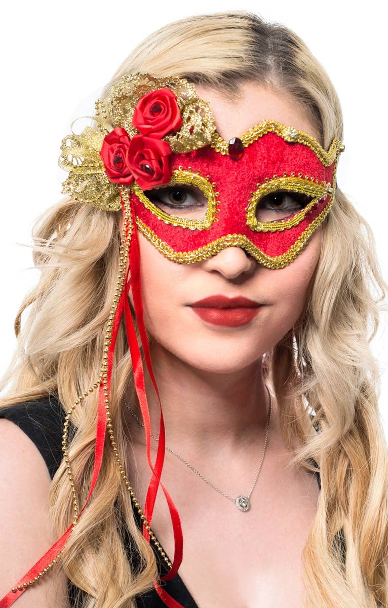 Red and Gold Velvet Masquerade Mask with Rosettes - Alternate Image 1