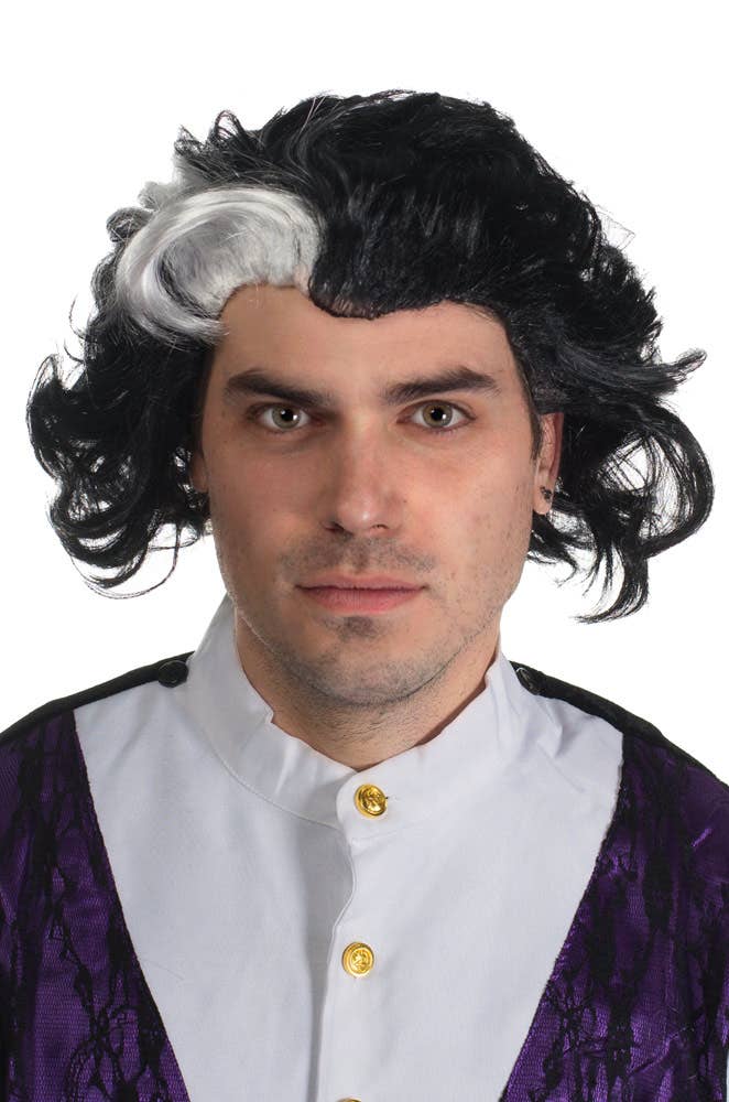 Curly Black Sweeney Todd Men's Halloween Costume Wig with White Streak