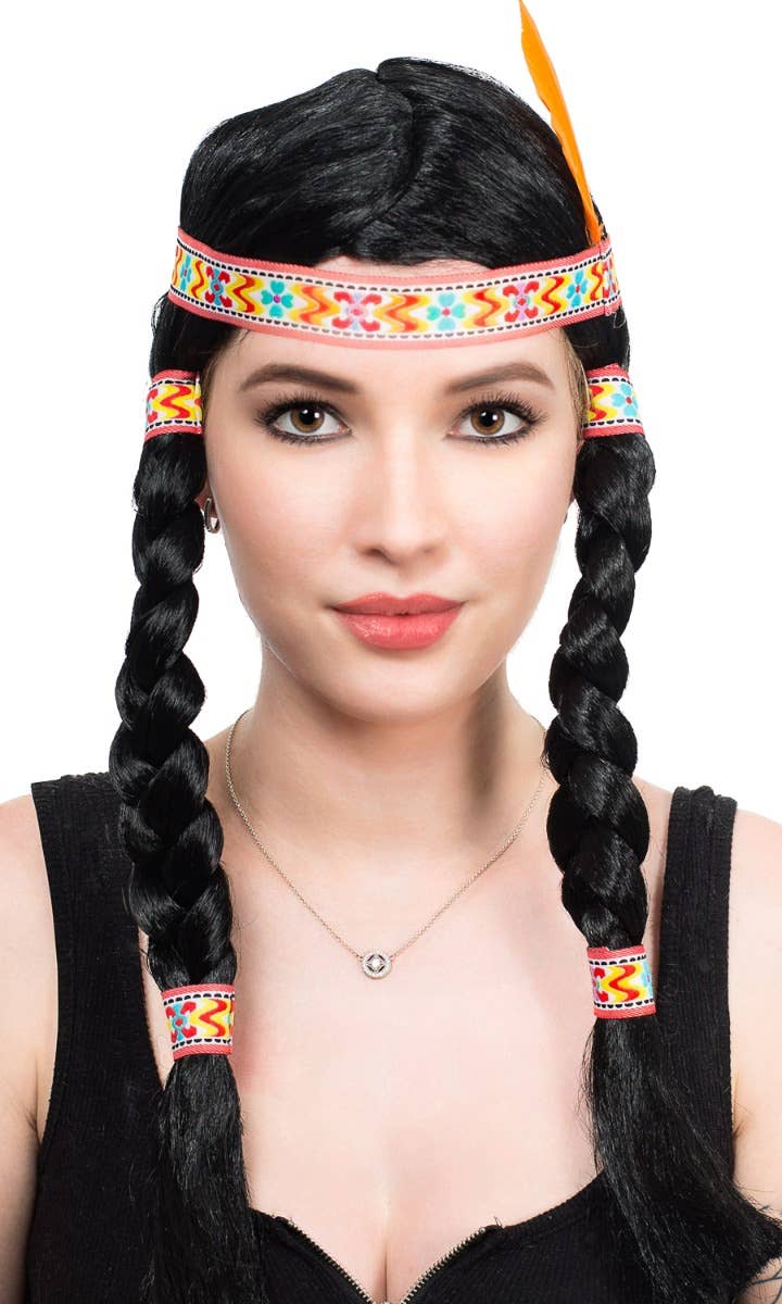 Black Plaited American Indian Women's Costume Wig - Main Image