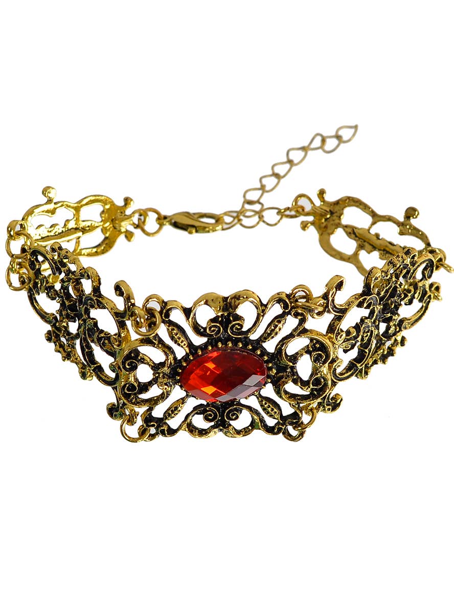 Image of Delicate Brass Metal Costume Bracelet with Red Jewel