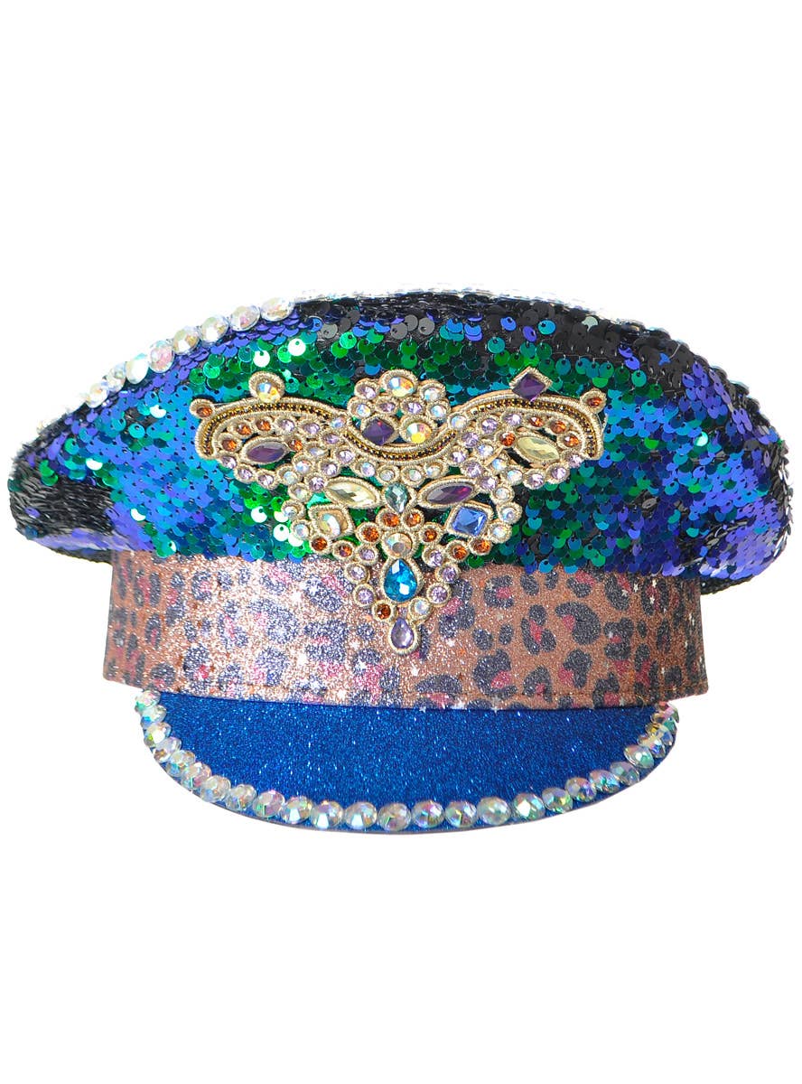 Image of Deluxe Iridescent Blue Shimmer Festival Hat with Jewels - Front View