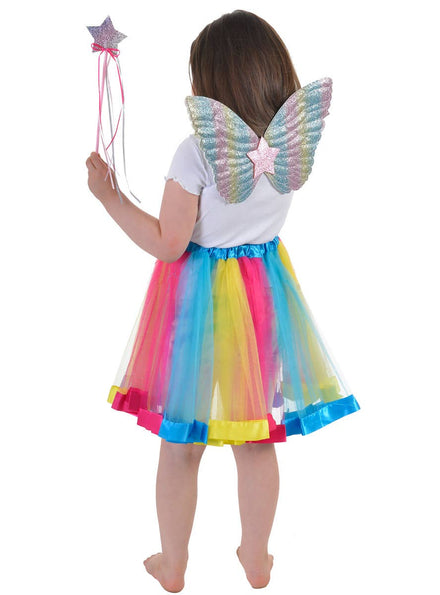 Image of Pastel Rainbow Kid's Fairy Wings and Wand Costume Set - Back View